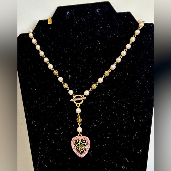 1928 drop statement necklace with simulated pearls and pink rhinestones - Picture 2 of 8